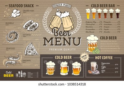 Vintage beer menu design on cardboard. Restaurant menu