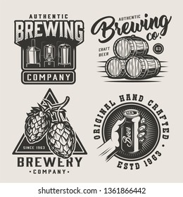 Vintage beer monochrome logos set with brewing equipment wooden barrels hop cones hand holding beer can isolated vector illustration