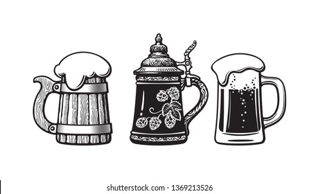 Vintage beer mugs. Old wooden mug, German stein and glass with foam. Brewery, beer festival, bar, pub design. Hand drawn vector illustration isolated on white backgraund.