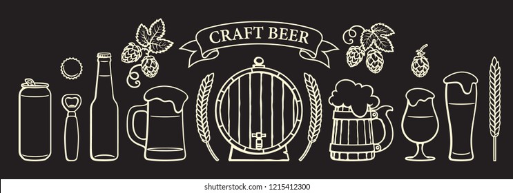 Vintage beer objects set. Glasses, mugs, wooden barrel, bottle, can, opener, cap, barley, wheat, ribbon banner with text Craft Beer. Hand drawn vector illustration  isolated on black background.