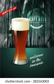 Vintage beer poster with glass of beer. Vector illustration with wooden background.