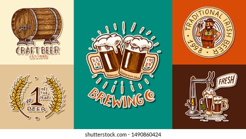 Vintage beer posters. Cheers toast. Set of Alcoholic Labels with calligraphic elements. American banners. Hand drawn engraved sketch lettering for web, pub menu.