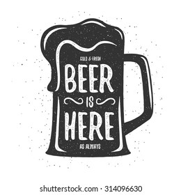 Vintage beer print. T-shirt, poster design. Cold and fresh beer is here as always. Vector illustration.