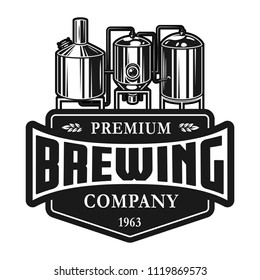 Vintage beer production label template with brewing equipment and inscriptions in monochrome style isolated vector illustration