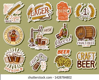 Vintage beer stickers. Set of Alcoholic Label with calligraphic elements. Classic American frame for poster banner. Cheers toast. Hand drawn engraved sketch lettering for web, pub menu.