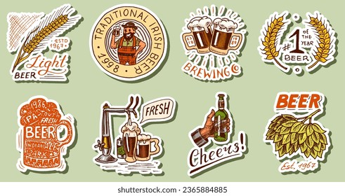 Vintage beer stickers. Set of Alcoholic Label with calligraphic elements. Classic American frame for poster banner. Cheers toast. Hand drawn engraved sketch lettering for web, pub menu.