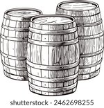 Vintage Beer wooden barrels set. Drum vector Hand drawn design with white background