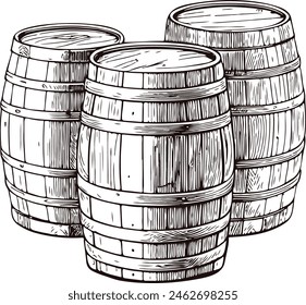 Vintage Beer wooden barrels set. Drum vector Hand drawn design with white background