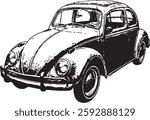 vintage Beetle car illustrated in a black-and-white sketch style. high-contrast shading and bold lines to highlight the car's distinctive curved shape, round headlights, and compact fo
