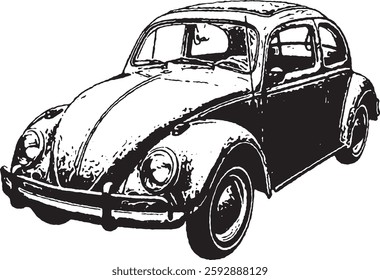 vintage Beetle car illustrated in a black-and-white sketch style. high-contrast shading and bold lines to highlight the car's distinctive curved shape, round headlights, and compact fo