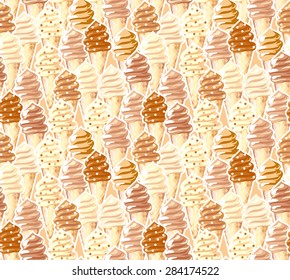 Vintage beige background. Abstract seamless pattern. Summer food wallpaper. Vanilla ice cream cones.