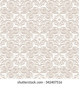 Vintage beige background, curly ornament, vector seamless pattern 