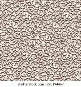 Vintage beige background, embossed texture, vector curly seamless pattern
