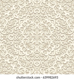 Vintage beige background, vector floral swirls, seamless pattern in light color