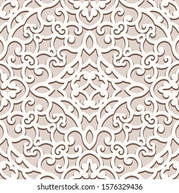 Vintage beige curly background, seamless swirls pattern, lace texture, elegant vector ornament in neutral beige colors 