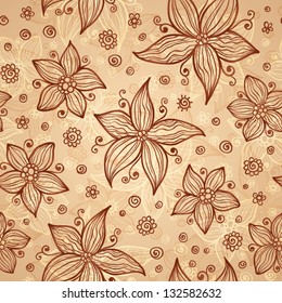 Vintage beige doodle flowers vector seamless pattern