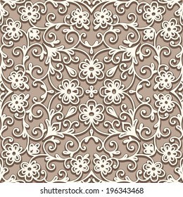 Vintage beige floral ornament, swirly vector seamless pattern