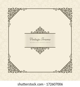 Vintage beige frame over ornamental vector background