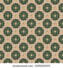 Vintage Beige and Green Floral Tile Seamless Pattern with Decorative Accents