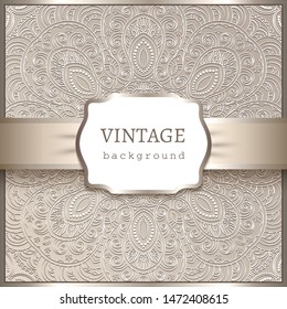 Vintage beige ornamental background with floral lace pattern, vector label with satin ribbon, elegant decoration in neutral color for wedding invitation or packaging design. Place for text