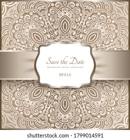 Vintage beige ornamental background with floral lace pattern, vector label with satin ribbon, elegant decoration in neutral color for wedding invitation or packaging design. Place for text