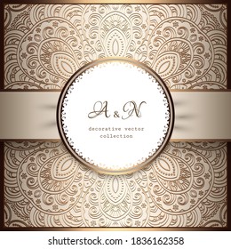 Vintage beige ornamental background with golden floral pattern, vector label with satin ribbon, elegant decoration in neutral color for wedding invitation or packaging design. Place for text