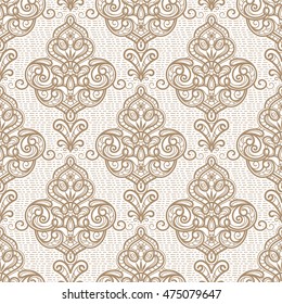 Vintage beige ornamental background, vector seamless damask pattern in neutral color