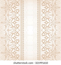 Vintage beige seamless border. Ornate element for design and place for text. Ornamental lace pattern for wedding invitations and greeting cards. Traditional floral decor.