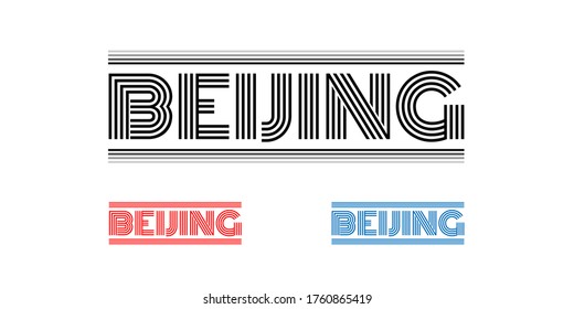 Vintage Beijing City Vector Logo in line optic for marketing, tourism, travel and events promotion in back, red and blue font on white background