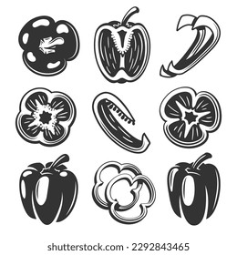 Vintage bell peppers set isolated on white background. Bell peppers in retro style. Vector illustration