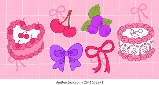 Vintage berry cake with bow decorations - cherry pair on stem, blueberries with leaves, heart cream pie topped with cherries, round layered pastry, purple and pink ribbons. Retro bakery desserts.