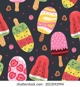 Vintage berry ice cream pattern, great design for any purposes. Seamless background. Cartoon sugar. Vector illustration design. Sweet backdrop for textile, wrapping paper, greeting cards