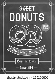 Vintage best in town menu card with chalkboard background for sweet donuts shop. 