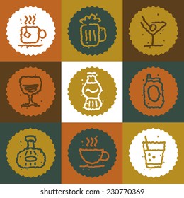 Vintage Beverages icons set, vector Illustration