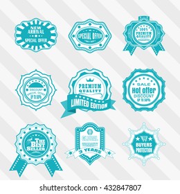 Vintage bi colour labels vector set. Retro blue and white badges vector set. Vector set of blue and white labels for advertisement.