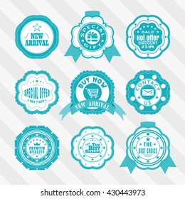 Vintage bicolour labels for advertisement vector set. Retro blue and white badges vector set. Vector set of blue and white labels.