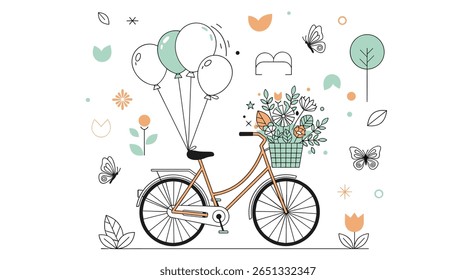 A vintage bicycle adorned with a basket full of flowers and balloons floats gracefully