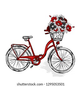 Vintage bicycle with basket with flowers of rose, wild rose and peonies. Vector illustration for greeting card or poster. Print Vintage and retro, hand drawing.