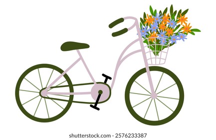 Vintage bicycle with a basket full of colorful flowers. For spring-themed designs, greeting cards, or eco-friendly lifestyle promotions