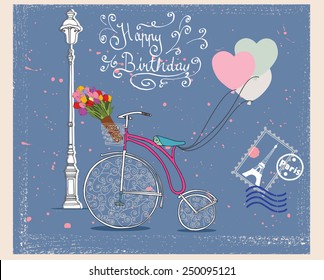 Vintage bicycle with basket, heart shape balloons and tulip bouquet.Birthday card.Romantic vintage postcard.