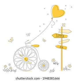 Vintage bicycle with chamomile wheels and heart-shaped balloon. Road sign with the inscription summer and sun. Spring doodle romantic illustration. Summer greeting card with doodle bike.