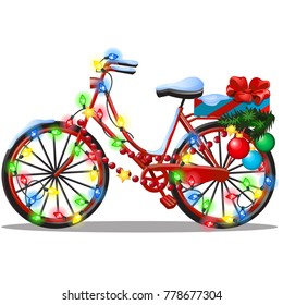 Vintage bicycle decorated in Christmas and New year style isolated on white background. Sample of poster, party holiday invitation, festive card. Vector cartoon close-up illustration.