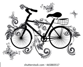 Vintage bicycle with decorative floral ornament and butterflies.