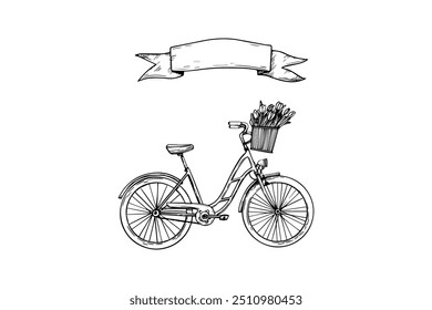 Vintage bicycle with flower basket and ribbon banner. Vector icon design.