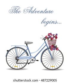 Vintage Bicycle with flowers basket card. Adventure, Journey or holiday concept . Vector illustration