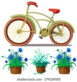 Vintage Bicycle and flowers in wicker baskets. Vector.