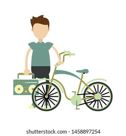 vintage bicycle and hipster boy with stereo and music player isolated Vector design illustration