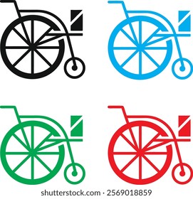 Vintage bicycle icons, minimalist design, high-contrast colors, black blue green red, simple geometric shapes, penny-farthing style, retro transportation symbols, flat vector graphics, clean lines, bo