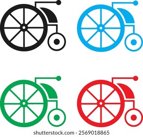 Vintage bicycle icons, minimalist design, high-contrast colors, black blue green red, simple geometric shapes, penny-farthing style, retro transportation symbols, flat vector graphics, clean lines, bo