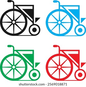 Vintage bicycle icons, minimalist design, high-contrast colors, black blue green red, simple geometric shapes, penny-farthing style, retro transportation symbols, flat vector graphics, clean lines, bo